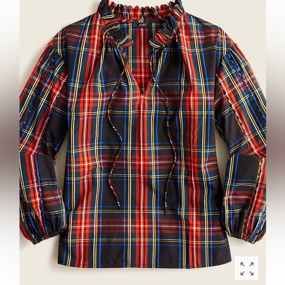 Scalloped tie-neck top in Stewart tartan Christmas ‘22 Collection